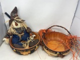 2 Halloween Basket Bowls and Stuffed Scarecrow