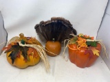 Pumpkin Decorations- 2 With Leaf Accents, 1 with Feather Accents