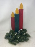 Wooden Triple Candle & Lighted Faux Pine Decoration