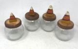 4 Glass Jars with Wooden Lids with Candy Corn Tops