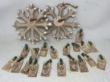 Various Snowman Ornaments with Greenery and 2 Large Snowflake Ornaments with Snowman Faces