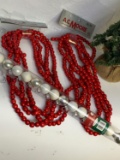 Faux Evergreen Tree, 2 Strands of Red Beaded Garland and Tube of 18 Christmas Balls