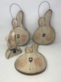 3 Wooden Bunny Face Ornaments and Wooden Bunny Bust