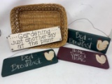 4 Small Wooden Signs and Basket
