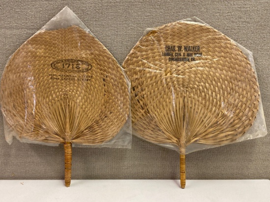 2 Wicker Advertising Hand Fans- Wall & Ochs Opticians and Chas. W. Walker