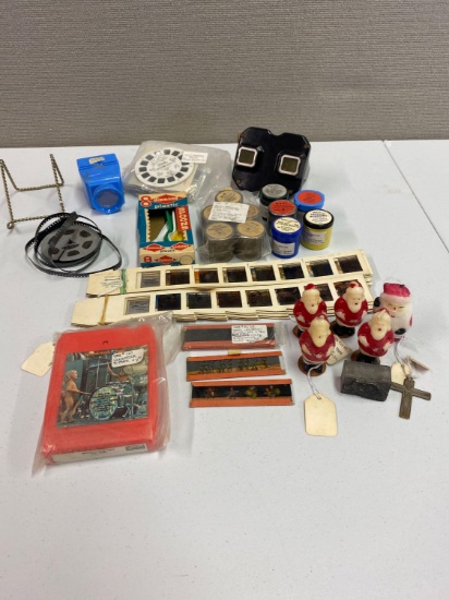 Vintage Collectibles Lot: Magic Lantern Slides; Woodstock 8 Track; View Master and Rolls