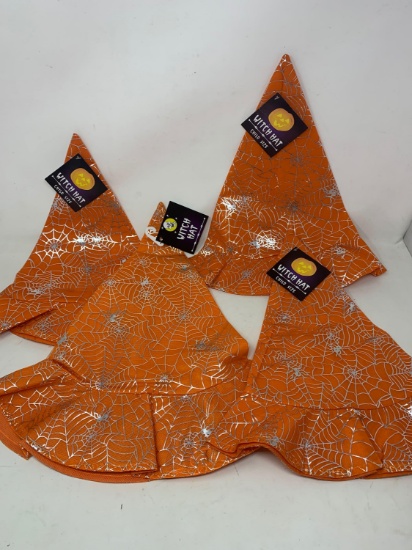 4 Child's Sized Orange Witch Hats with Spider Webs- All New with Tags