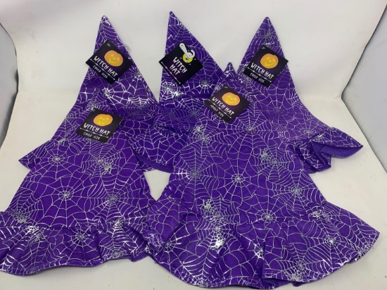 5 Adult Sized Witches Hats- Purple with Spider Webs, All New with Tags