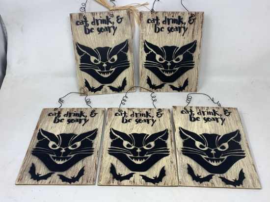 5 Wooden Black Cat & Bat Hanging Signs