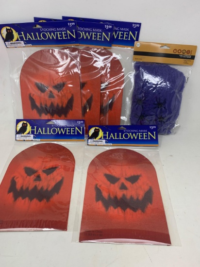 5 Halloween Stocking Masks and One Spider Web with Spiders- All New in Packages