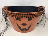 Metal Jack-O-Lantern Pail with Plaid Ribbon Accents