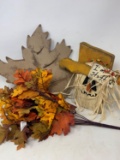 Silk Autumn Leaves, Wooden Leaf Cut-Out and Wooden Scarecrow Head 