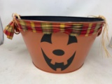 Metal Jack-O-Lantern Pail with Plaid Ribbon & Raffia Accents