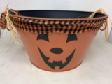 Metal Jack-O-Lantern Pail with Plaid Ribbon & Raffia Accents