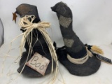 2 Stuffed Black Witch Hat Decorations Plaid & Raffia Accents