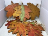 Approx. 10 Wooden Autumn Leaf Cut-Outs with Raffia Ties and Wire Hangers