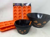 Halloween Pumpkin Ice Cube Trays and Black Plastic Halloween Jack-O-Lantern Bowls