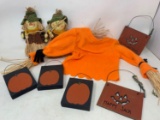 5 Small Wooden Signs, 2 Scarecrow Figures and Scarecrow Sweater with Raffia Accents