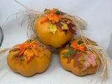 3 Papier Mache Pumpkins with Raffia Ties and Leaves