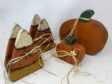 2 Wooden Candy Corn Napkin or Letter Holders and 2 Wooden Pumpkin Standing Decorations