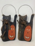 2 Primitive Look Wooden Black Cat Hanging Decorations