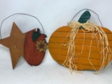 2 Wooden Hanging Signs- Star & Pumpkin with Sunflower and Pumpkin with Raffia Bow