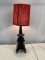 Table Lamp with Pot Belly Stove Base and Red Burlap Shade