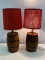 Pair of Barrel Base Table Lamps with Red Burlap Shades