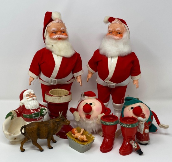 Vintage Santa Figu, 3 Boot Candy Containers, Santa Ornaments, Cow and Baby Jesus from Nativity Scene