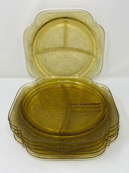 6 Amber Depression Glass Divided Dishes