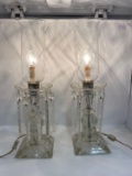 Pair of Electrified Candlesticks with Hurricane Shades and Prisms