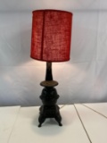 Table Lamp with Pot Belly Stove Base and Red Burlap Shade