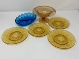 4 Amber Depression Glass Dinner Plates, Blue Oval Bowl and Amber Compote
