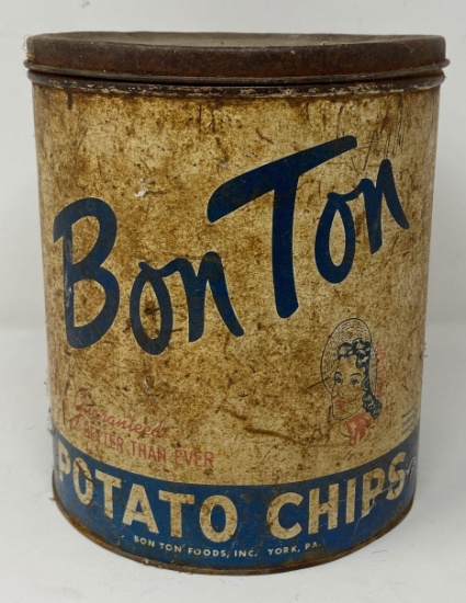 Antique Bon Ton Metal Potato Chip Tin