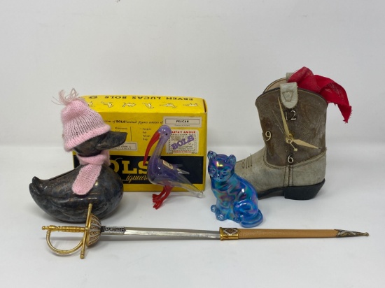 Cowboy Boot Clock, Bols Pelican Figure with Box, Duck and Cat Figures and Sword with Scabbard