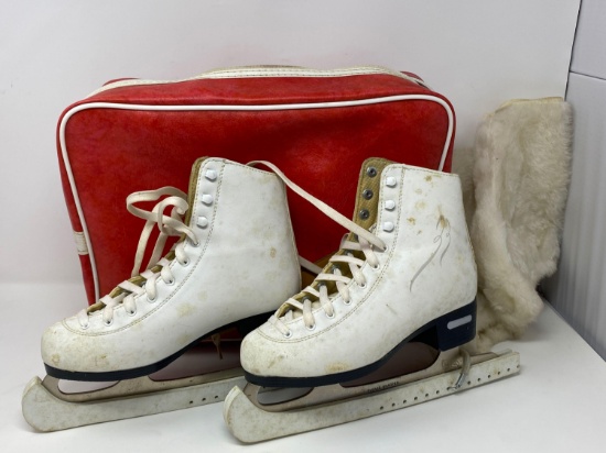 Pair of Lady's White Ice Skates with Bag & Fur Covers