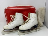 Pair of Lady's White Ice Skates with Bag & Fur Covers