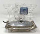 2 Margharita Glasses, Vase, Bottle, Other Glass and Glass Dish with Aluminum Lid