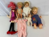 Grouping of 5 Dolls and Extra Doll Outfit