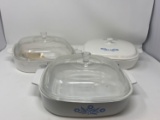 3 Covered Corningware Casserole Dishes