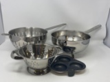3 Stainless Steel Colanders and Egg Poaching Pan
