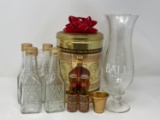 4 Glass Bottles, 2 Mini Budweiser Salt & Peppers, Gift Canister, Goldtone Shot Glass & Bally's Glass