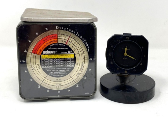 Pelouze Model K5 Scale and Mid Century Phinneas Walker 30-Hour Automobile Clock