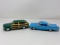 Green 1950 Ford Custom Deluxe Woody and Blue 1959 Chevrolet Impala