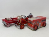 3 Metal Fire Trucks- One is Lidded Tin with Wheels