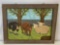 Framed Oil on Board Painting of Pigs & Sheep in Field with Stone Wall