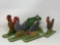4 Wooden Roosters and 1 Wooden Frog Decor