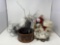 Byers' Choice Caroler, Metal Sleigh, Metal Mesh Tree Container, Papier Mache Boot and Figure