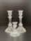 Pair of Tall Glass Candlesticks and Single Low Candlestick