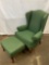 Green Upholstered Wingback Chair with Matching Foot Stool